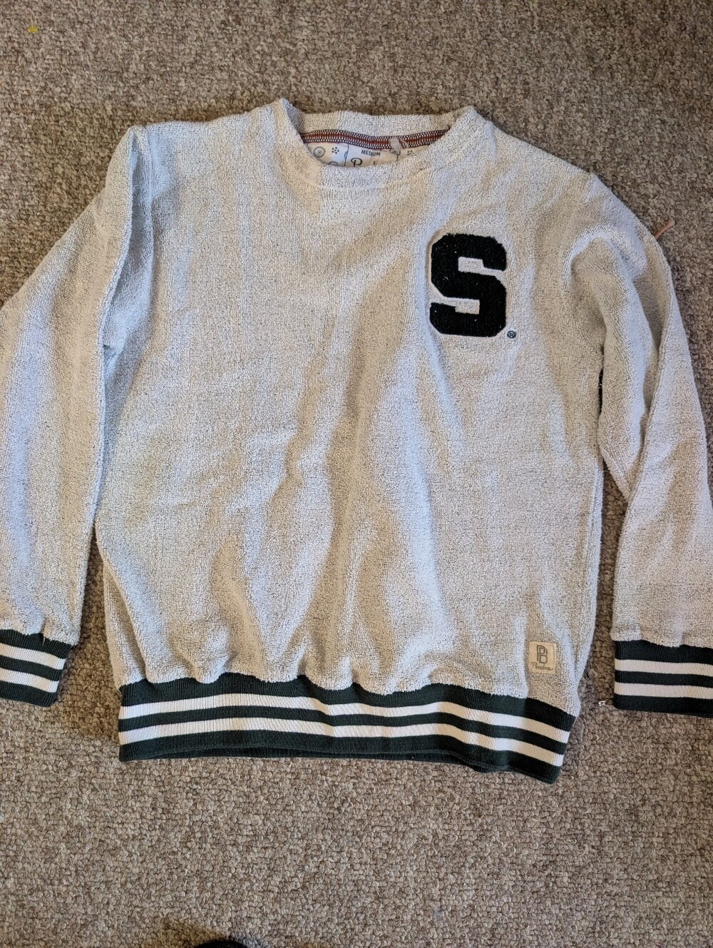 Men's Cream Crewneck Sweater with Striped Hem